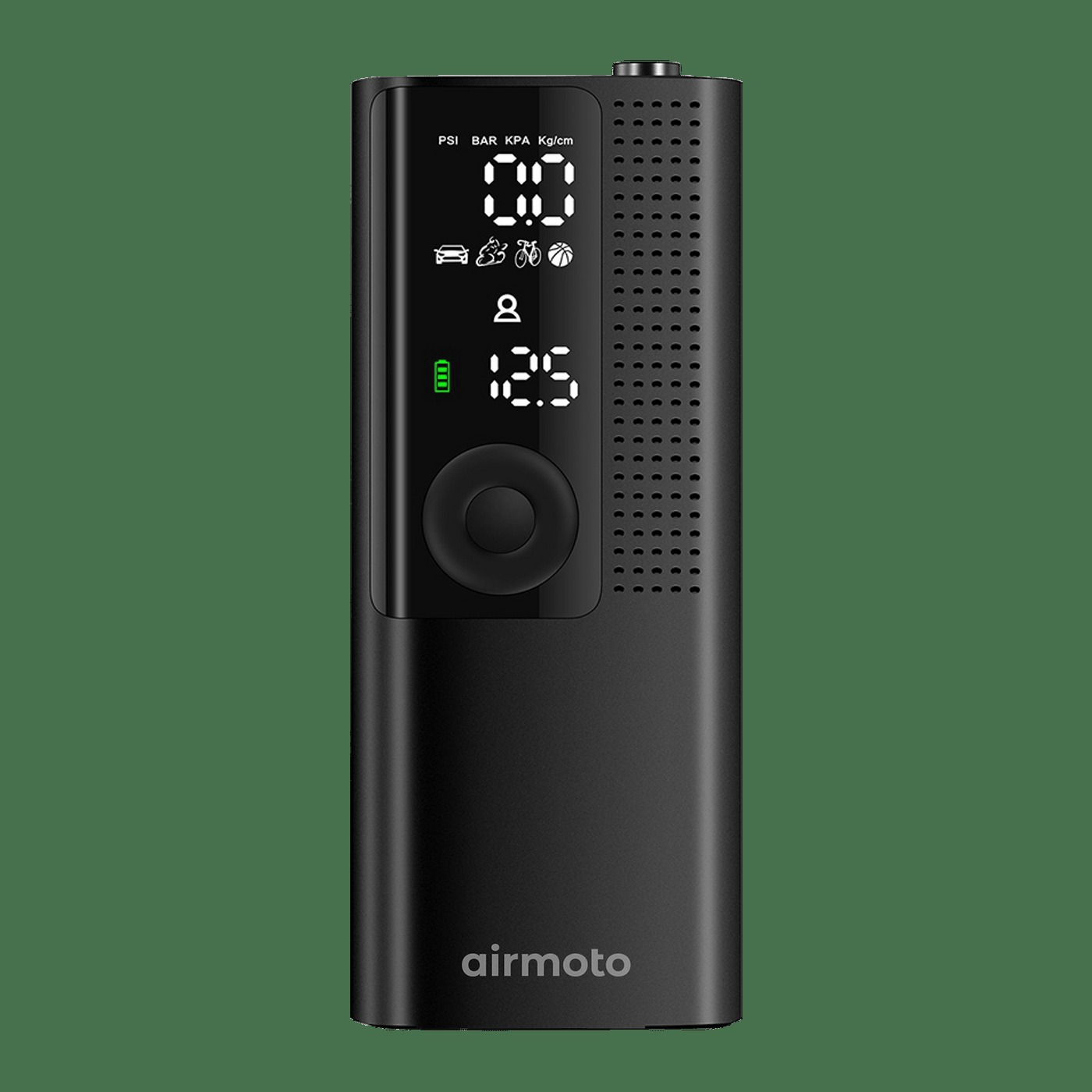 Airmoto smart tire inflator front view showing its digital display and preset modes