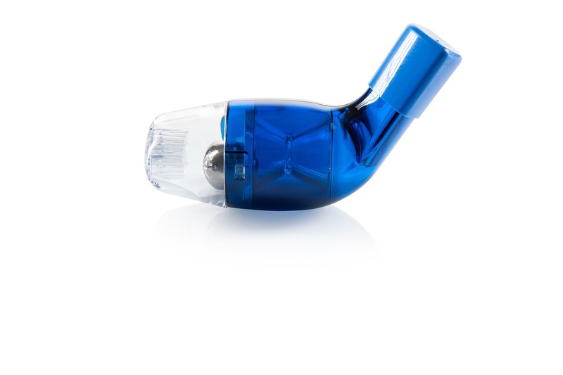 AirPhysio OPEP device side profile showing the steel ball and clear chamber