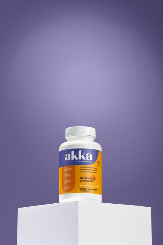 A bottle of the Akka Akkermansia Superbiotic, label facing forward