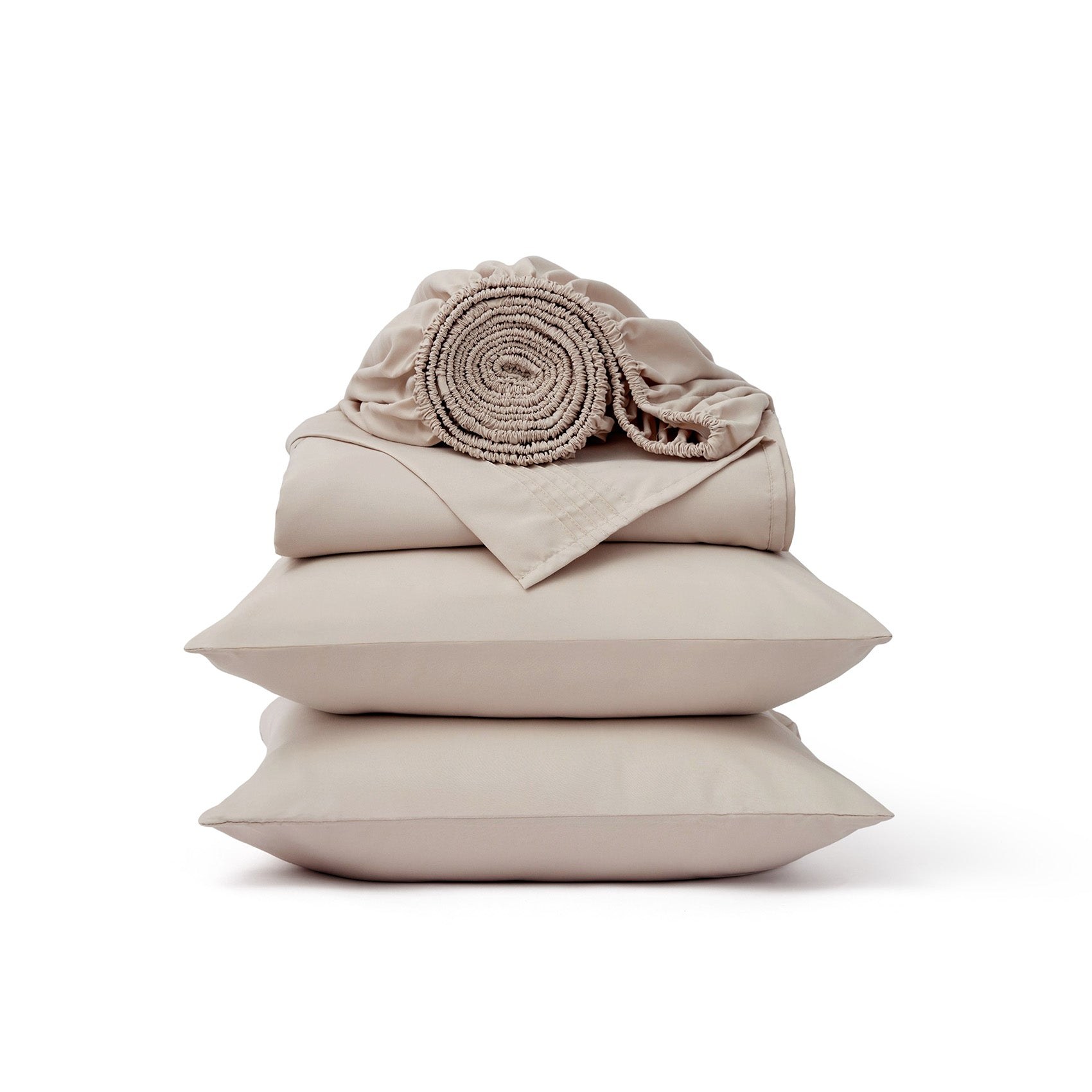 Bedsure Deep Pocket taupe microfiber sheet set folded with pillowcases