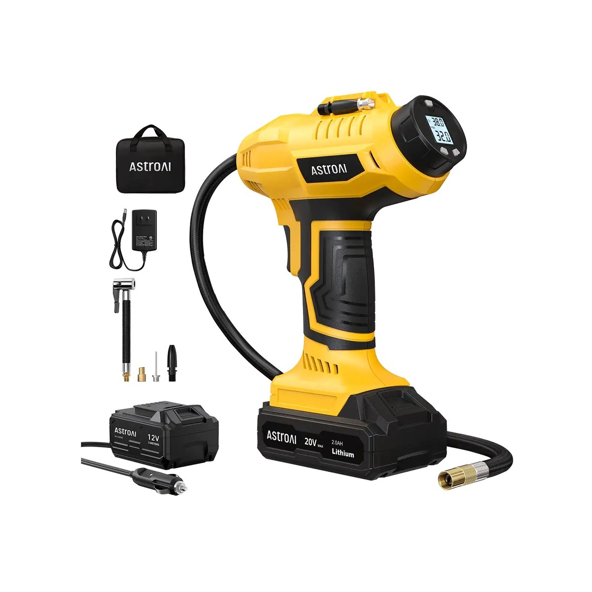 AstroAI cordless 160 PSI tire inflator with its 20V battery and accessories
