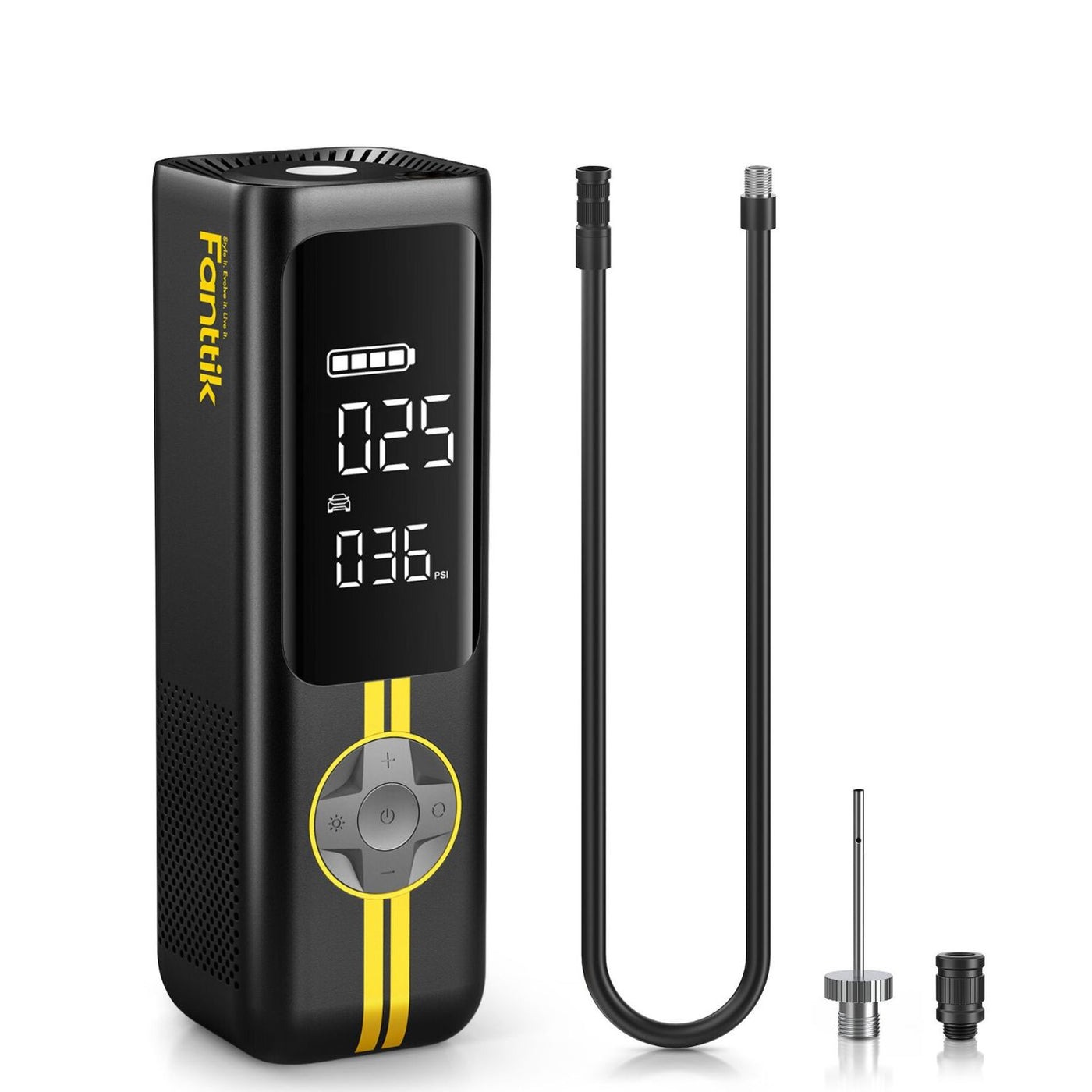 Fanttik X8 APEX cordless tire inflator with its air hose and valve adapters