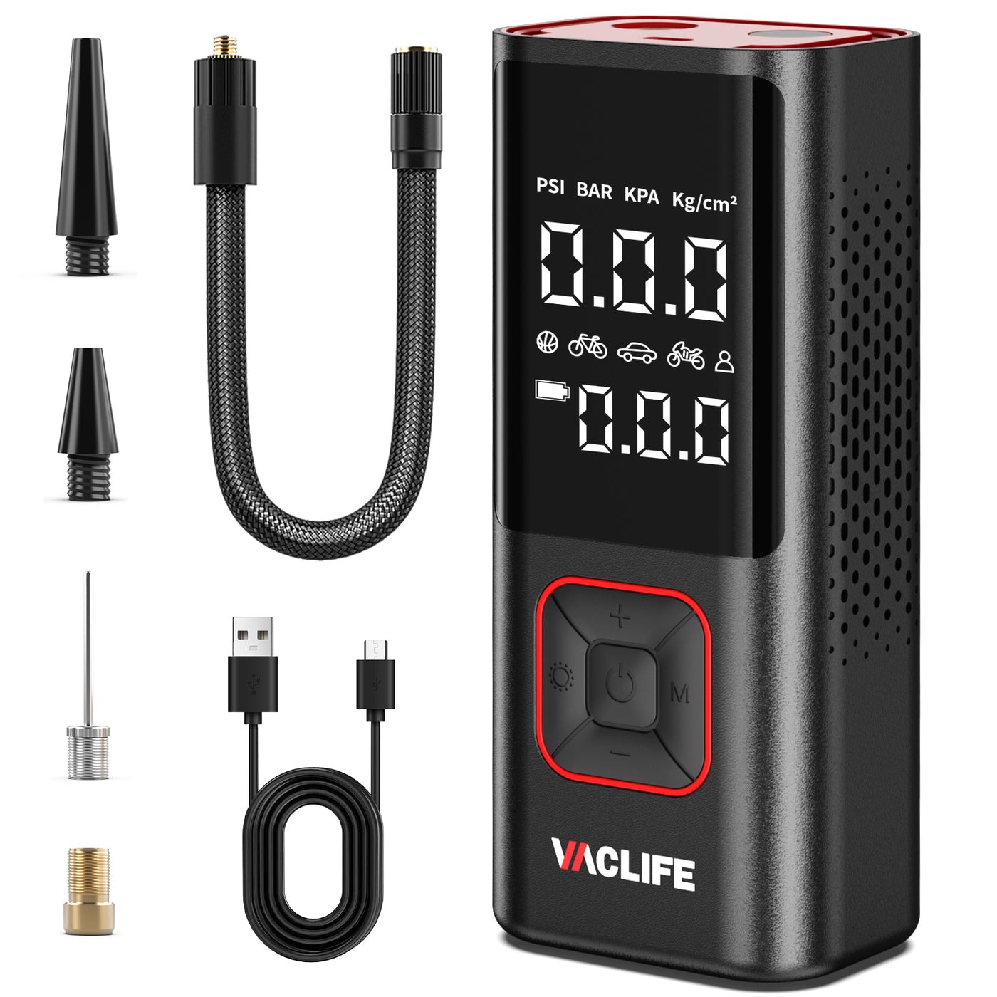VacLife 150 PSI cordless portable tire inflator with included nozzles and cable