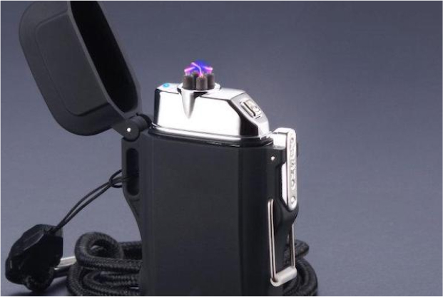The Black Electric Lighter with its lid open and the dual plasma arc lit, showing the metal clip and lanyard