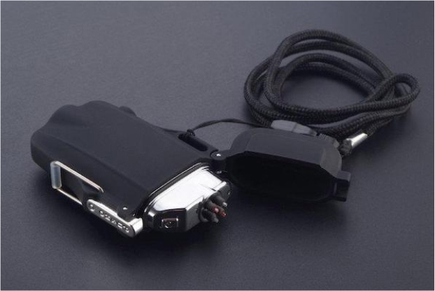 The Black Electric Lighter with its flip lid open, lying beside its neck lanyard, showing the pocket clip