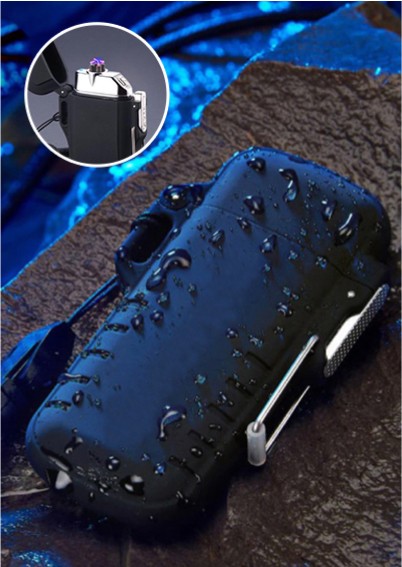 The rugged Black Electric Lighter covered in water droplets on a wet rock, with an inset of the arc firing