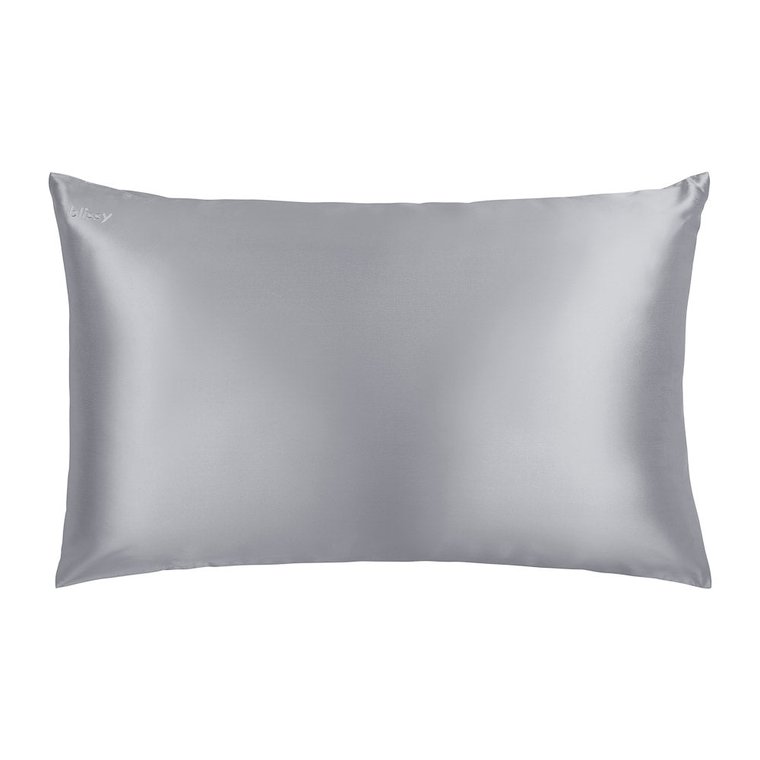 The silver Blissy mulberry silk pillowcase shown front-on against a white background