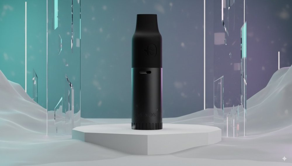 The machined-aluminum Capnos Legura flavored-air device shown on a studio podium
