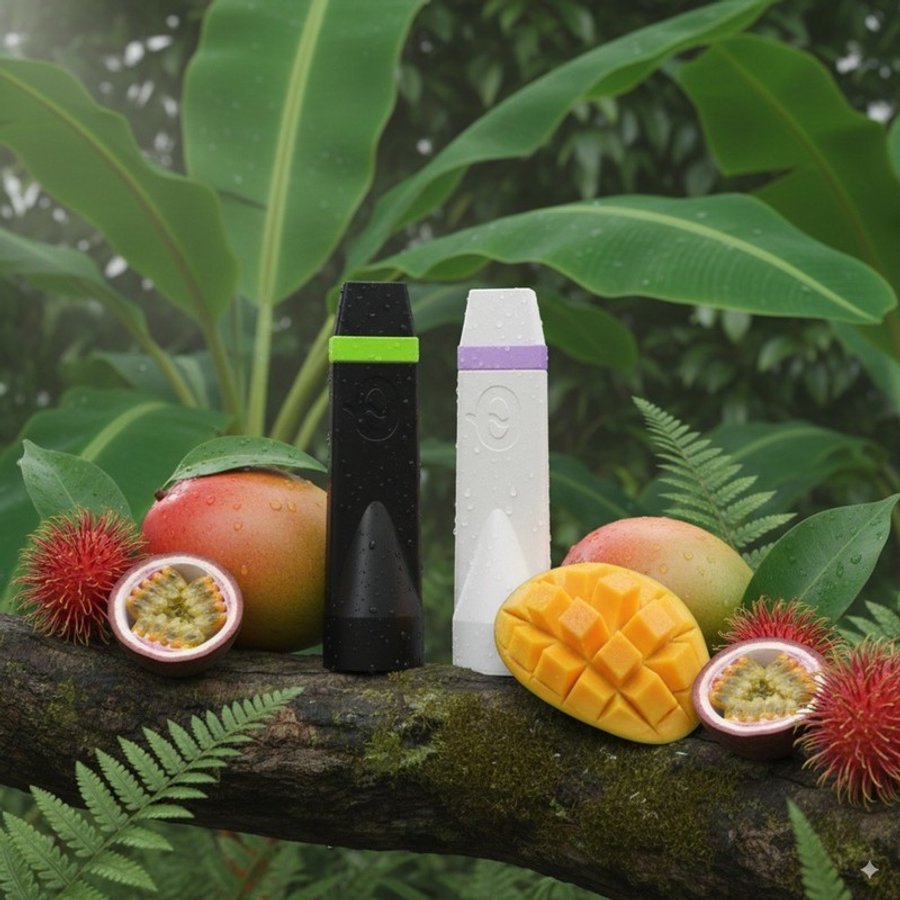 Two Capnos Legura flavored-air devices in black and white standing among tropical fruit
