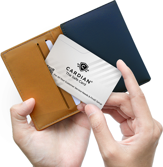 Cardian The Safe Card held in a hand beside a card wallet