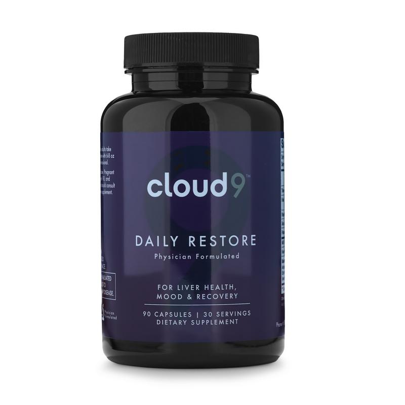 Cloud 9 Daily Restore supplement bottle, labeled for liver health, mood and recovery, 90 capsules