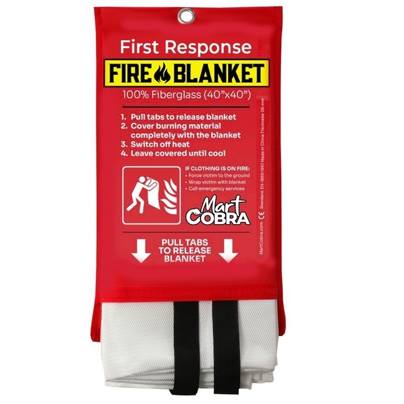 Mart Cobra Fire Blanket red pouch with the folded white fiberglass blanket and black pull tabs
