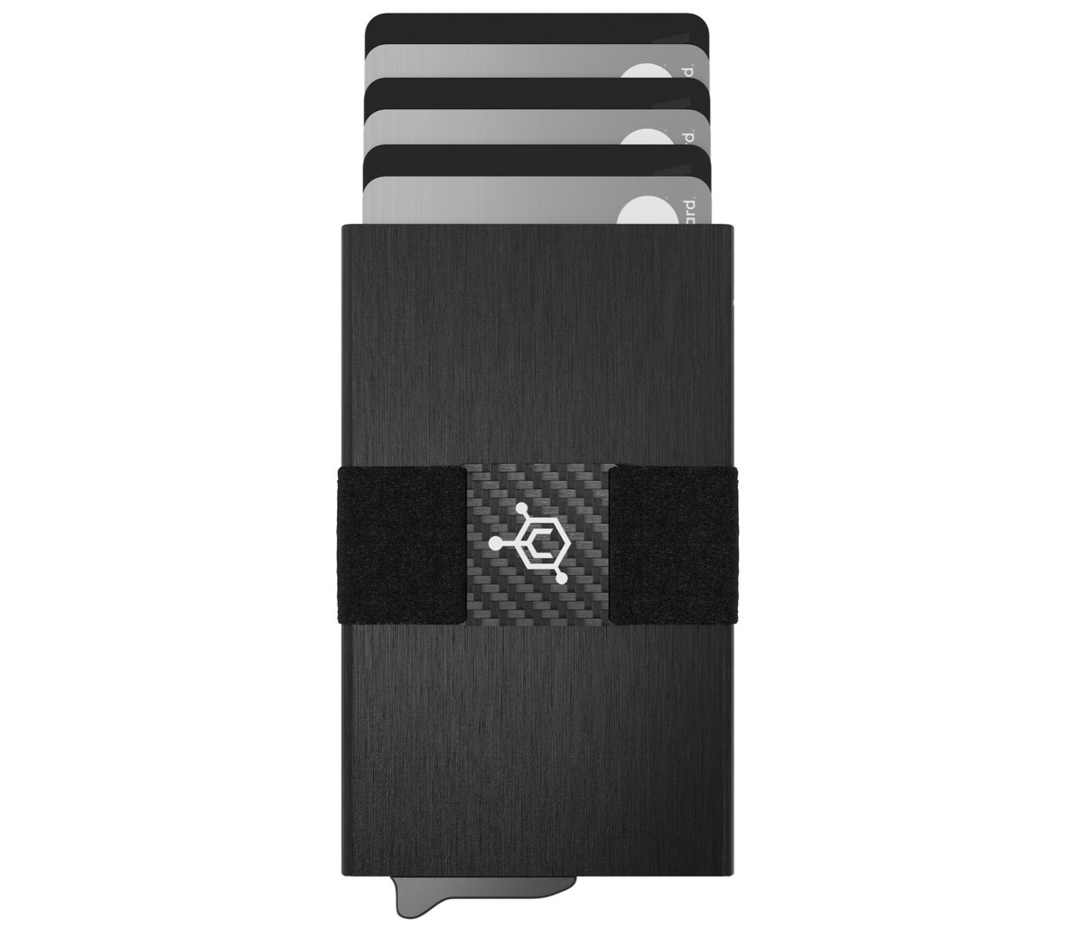 The Code 118 wallet in matte black with cards fanned out in a stepped stack