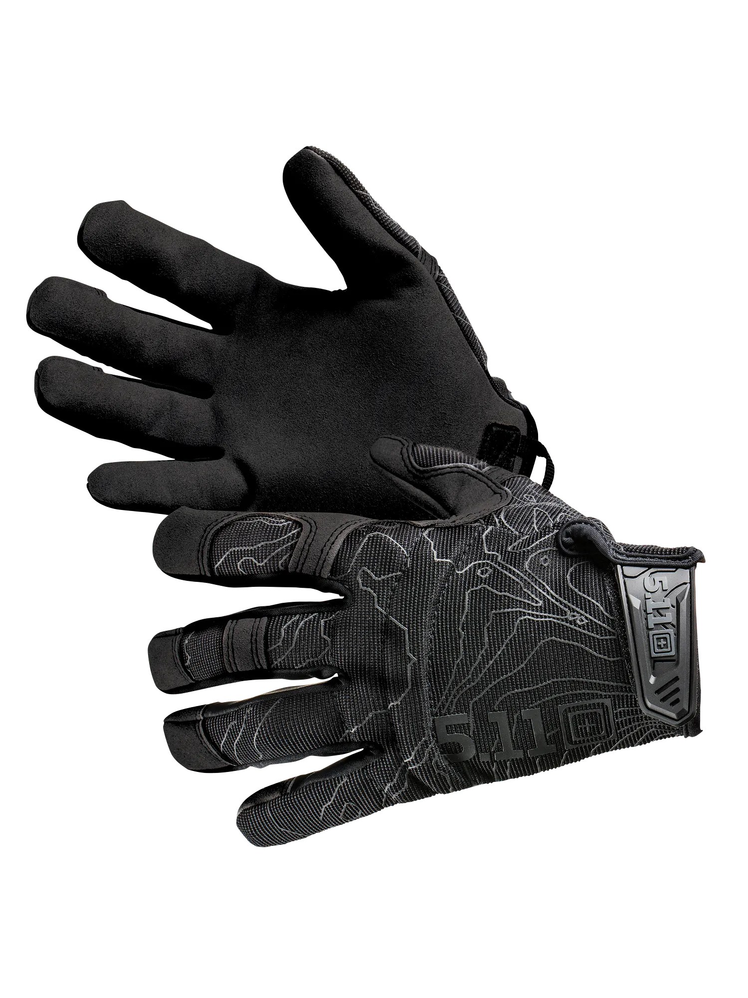 5.11 High Abrasion Tac Glove in black, showing the thin synthetic-suede palm and low-profile back