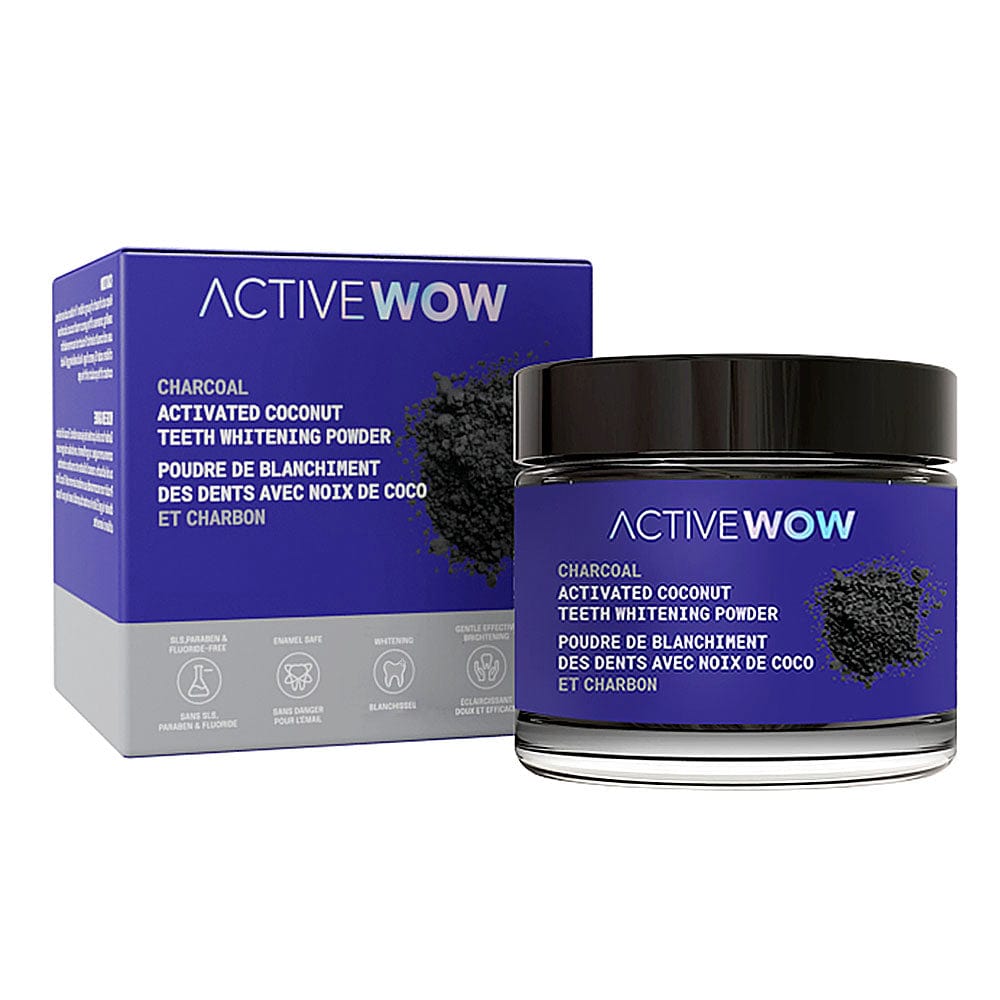 A jar and box of Active Wow activated charcoal coconut teeth whitening powder
