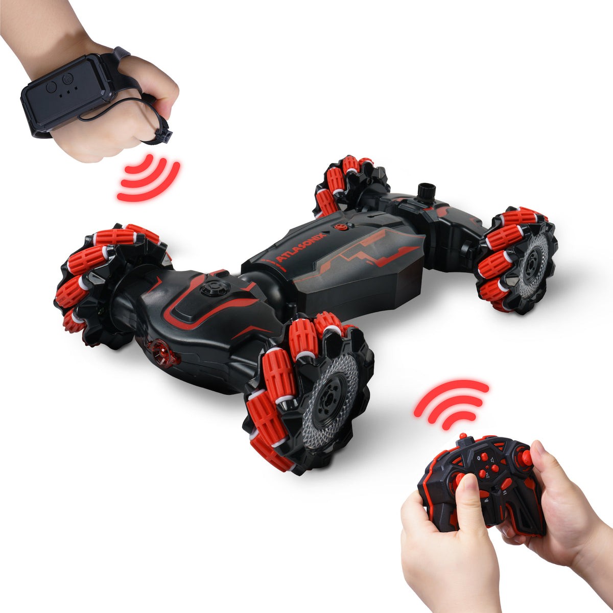 Atlasonix gesture controlled RC car in black and red with a wristband and remote