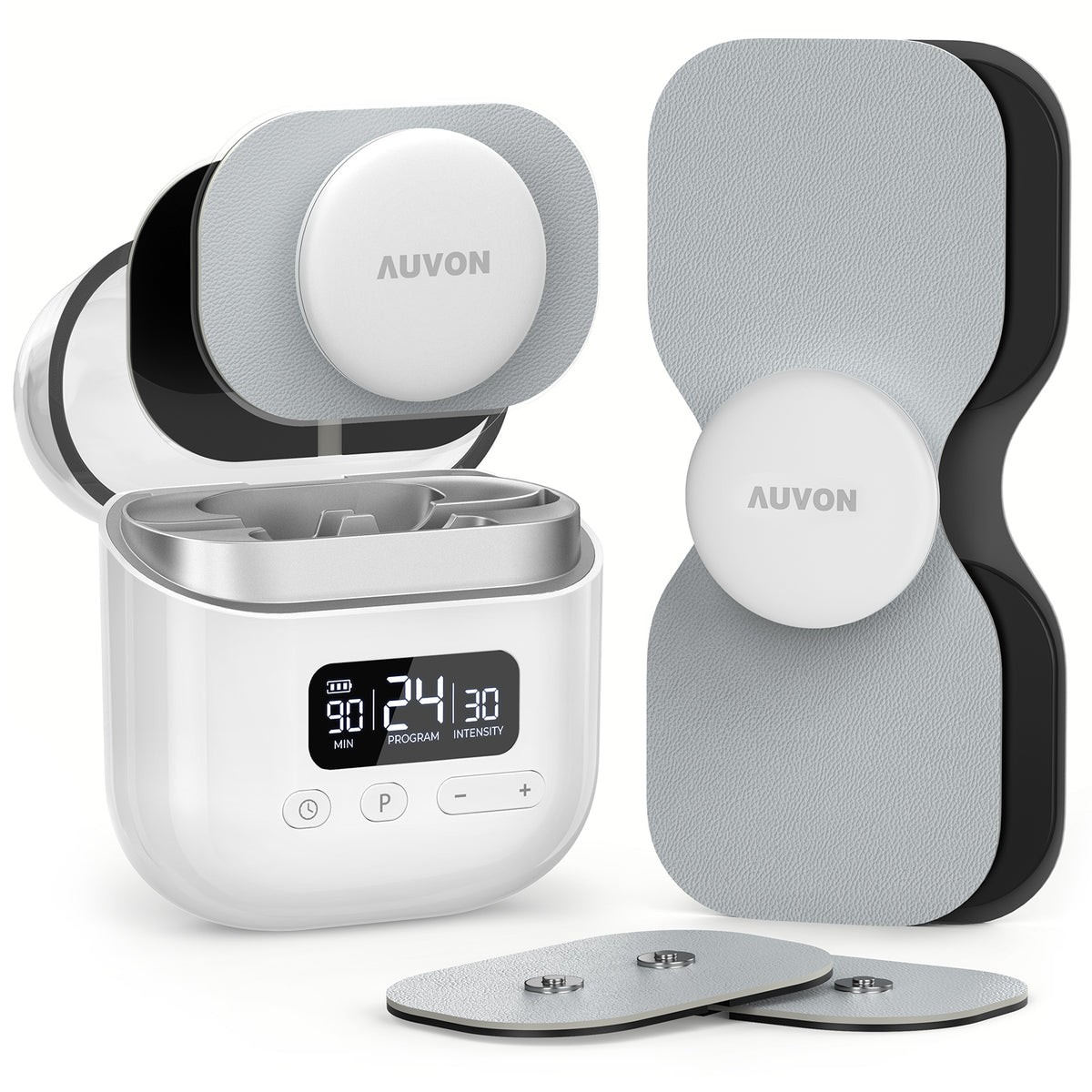 AUVON wireless TENS unit with pods, gel pads, and a charging case