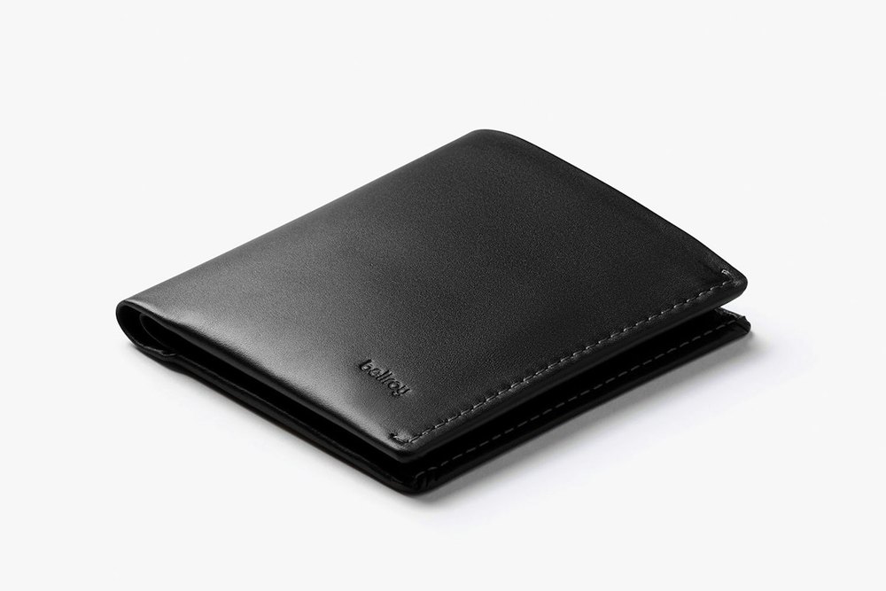 The black Bellroy Note Sleeve slim leather bifold wallet, closed, on a white background
