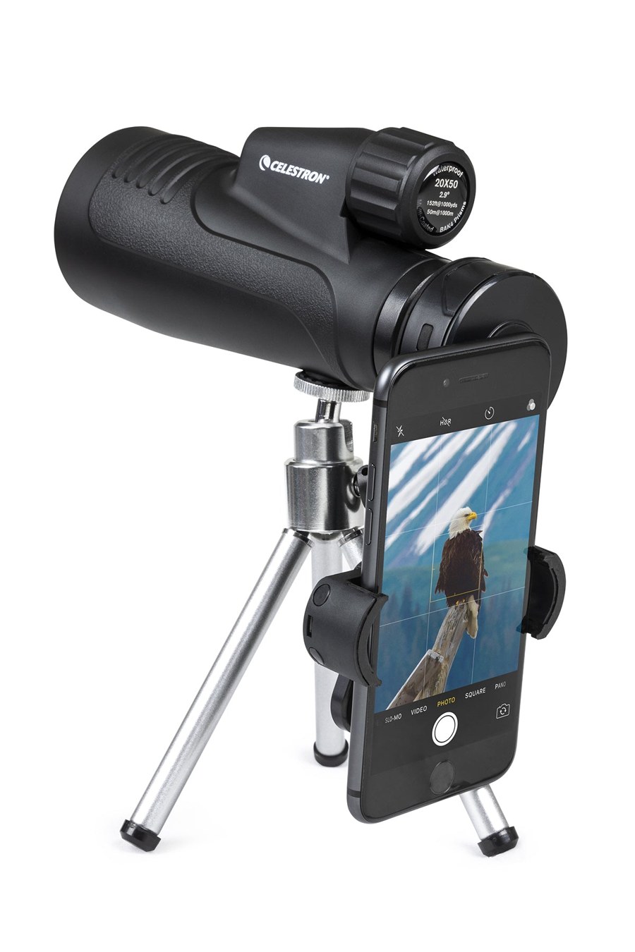 The Celestron Outland X 20x50 monocular on its mini tripod with a phone clipped on, showing a bald eagle photo on the screen