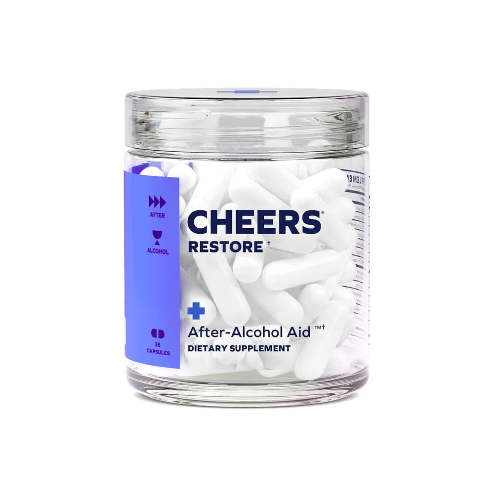 Cheers Restore After-Alcohol Aid supplement jar with 36 white capsules