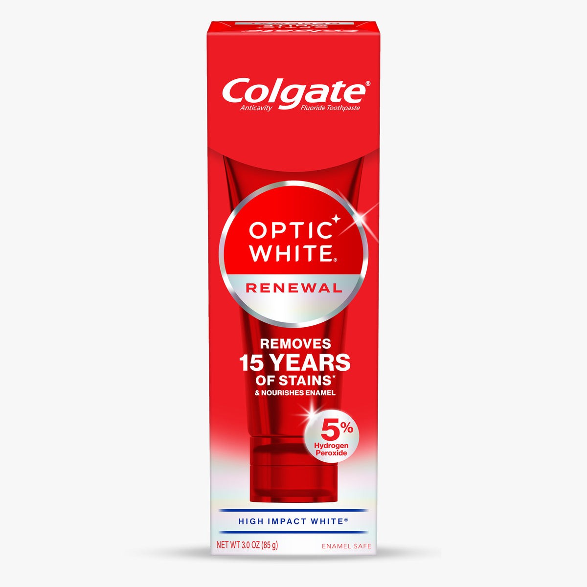 Colgate Optic White Renewal High Impact White whitening toothpaste box
