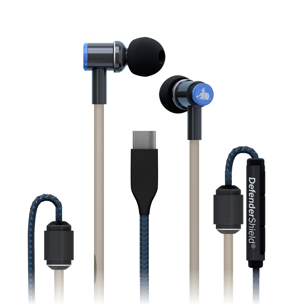 The DefenderShield air-tube anti-radiation headphones with USB-C plug and foam ear tips on a white background