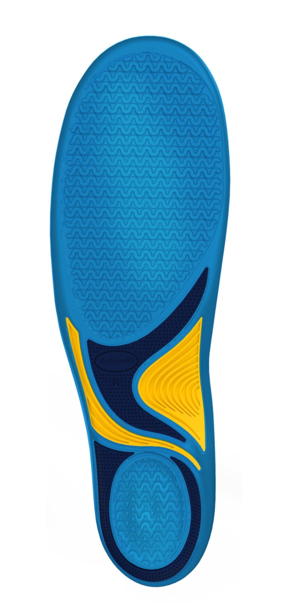 Dr. Scholl's Massaging Gel Advanced insole showing the blue and yellow gel zones