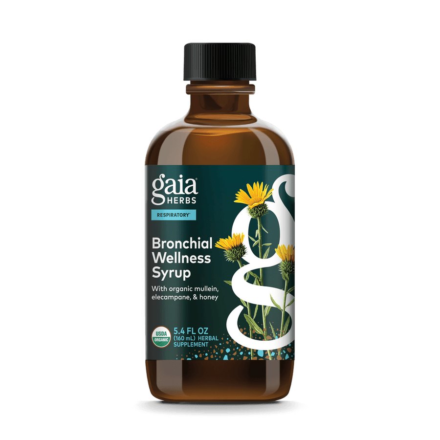 Gaia Herbs Bronchial Wellness Syrup bottle with organic mullein and elecampane
