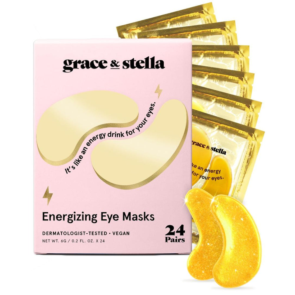 grace & stella Energizing Eye Masks 24-pair pink box with gold hydrogel patch sachets and two gold patches