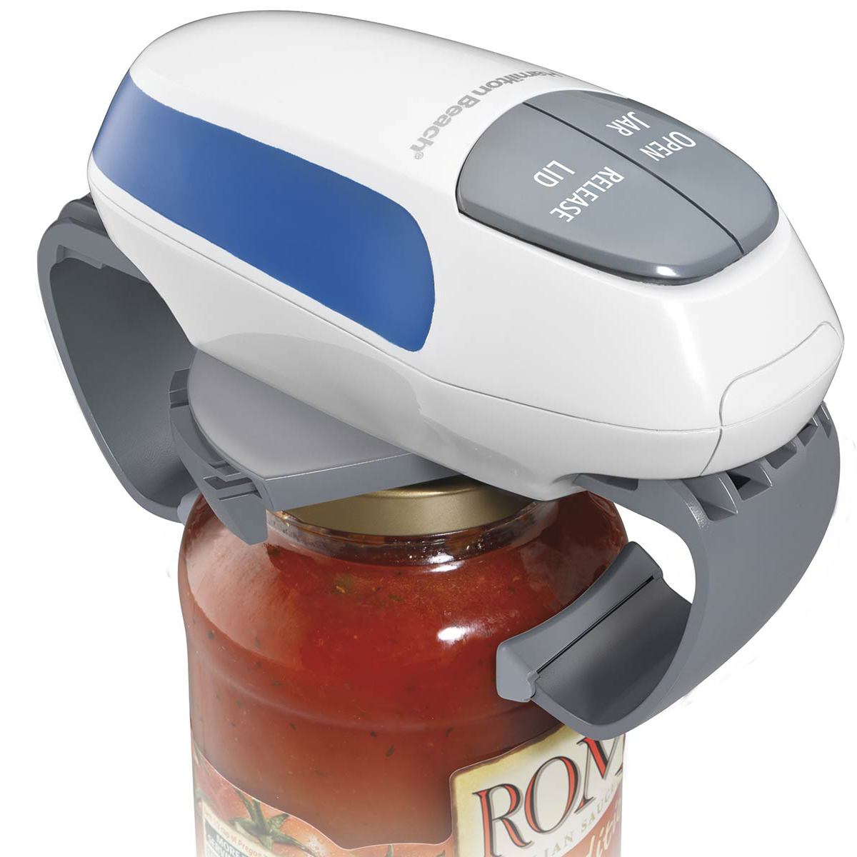 The Hamilton Beach Open Ease automatic electric jar opener on a jar
