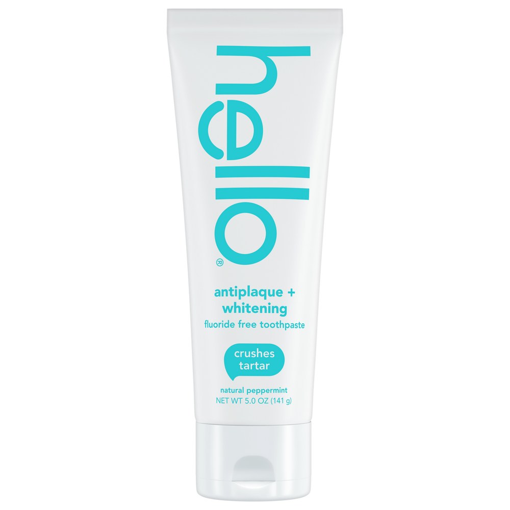 hello Antiplaque and Whitening fluoride-free toothpaste tube in natural peppermint
