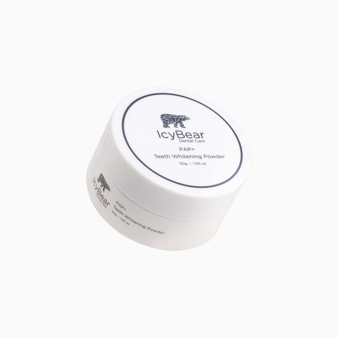 A white jar of Icy Bear Dental Care PAP+ teeth whitening powder