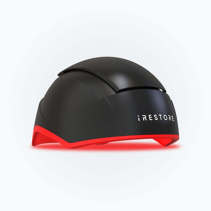 The iRestore Elite laser hair growth helmet in black with a red light band