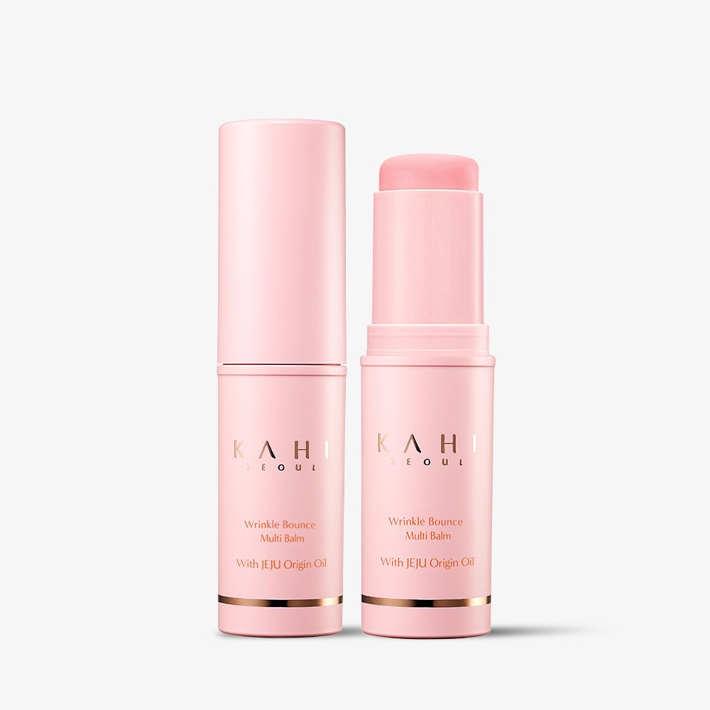 Two KAHI Wrinkle Bounce Multi Balm sticks in pink packaging, one open to show the balm