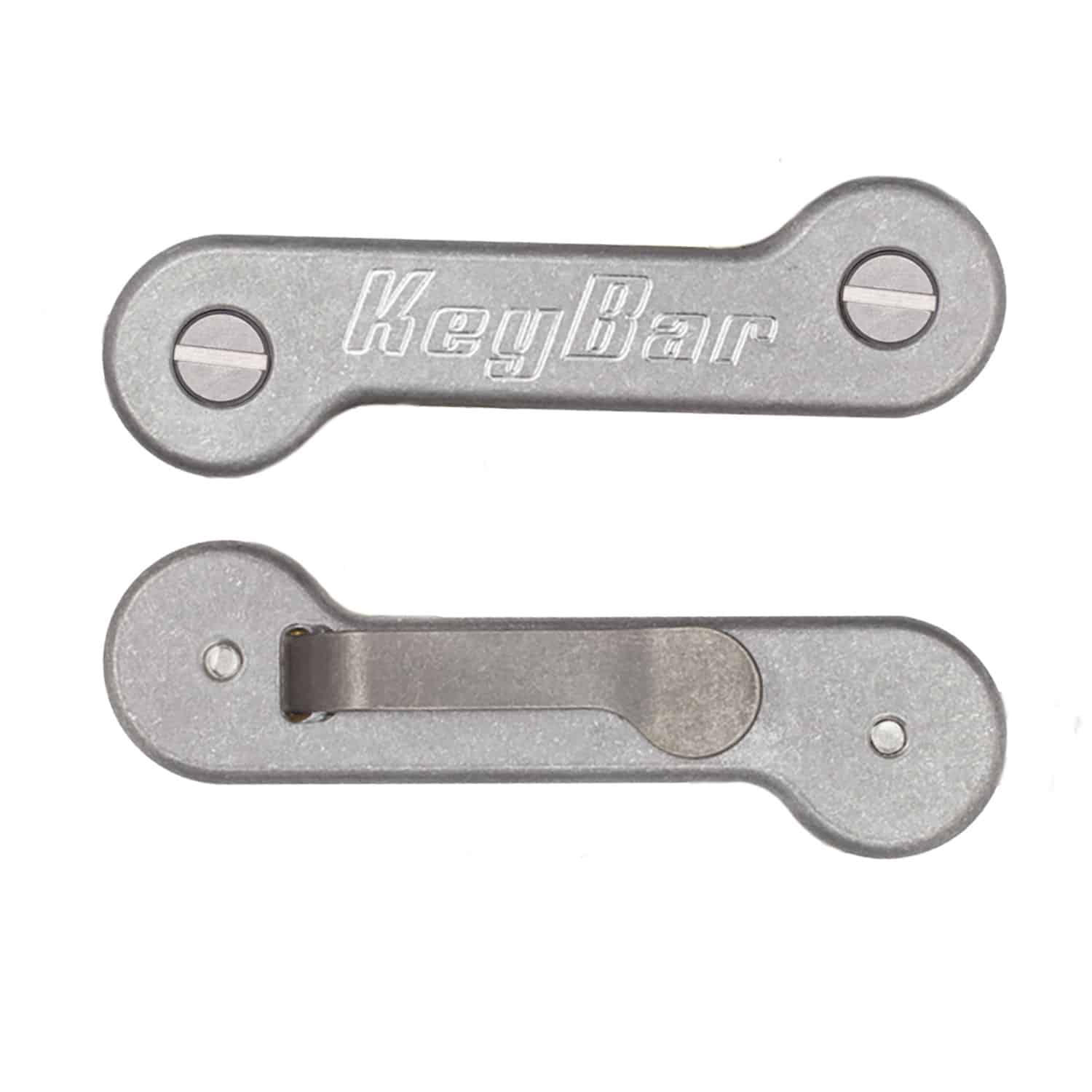KeyBar machined aluminum key organizer showing the pivot bar and pocket clip