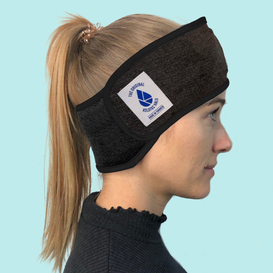 The Koldtec HALO cold-therapy headband worn around the head