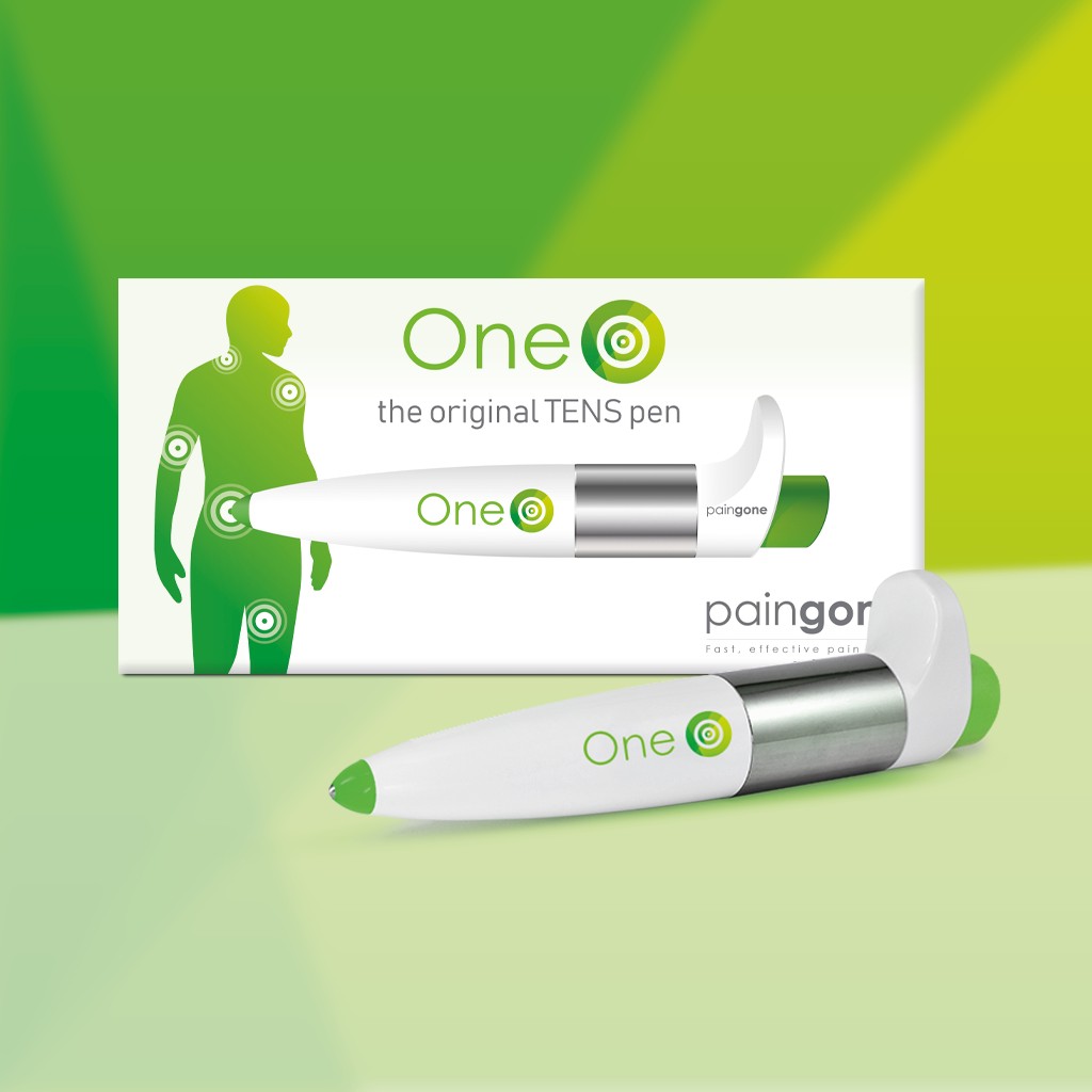 Paingone One original TENS pen shown with its box