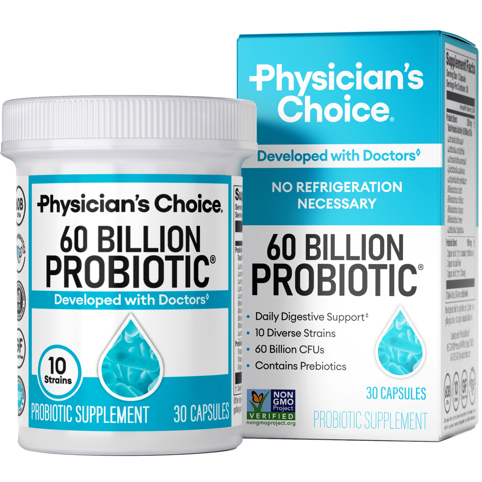 A Physician's Choice 60 Billion Probiotic bottle and box, developed with doctors, 10 strains, 30 capsules