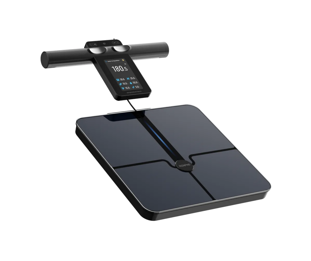 The Renpho MorphoScan Nova body composition scale with its retractable 8-electrode handle raised