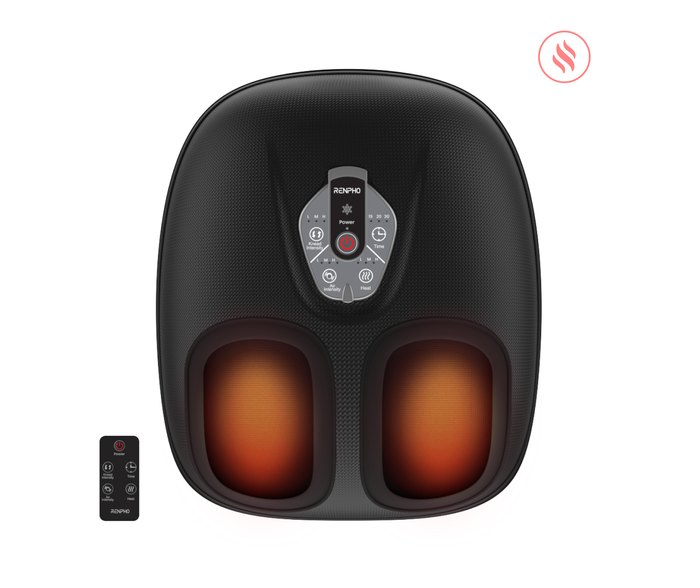 RENPHO shiatsu foot massager, a black heated kneading machine with two foot chambers and a remote