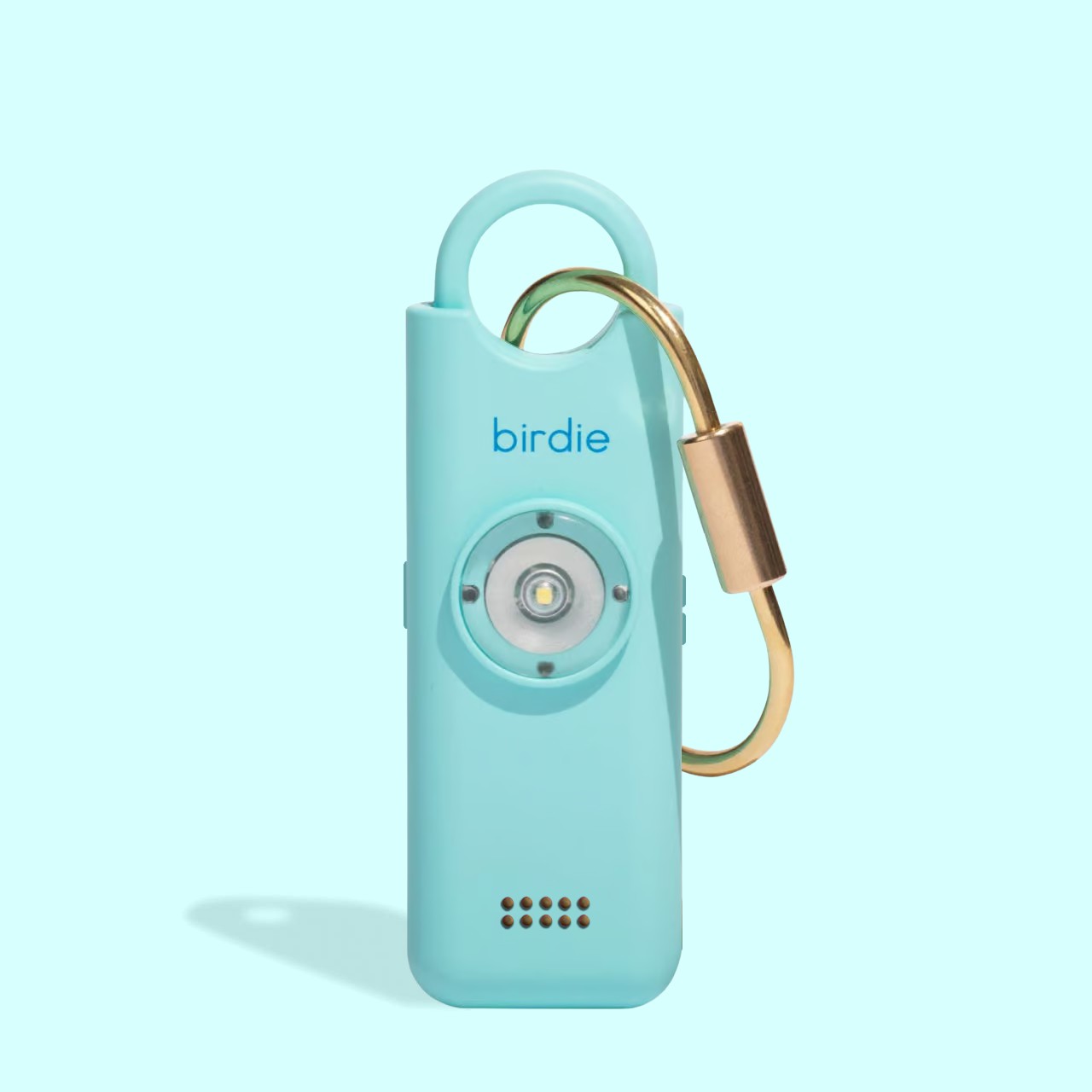 Aqua She's Birdie personal safety alarm keychain with a brass carabiner and strobe light