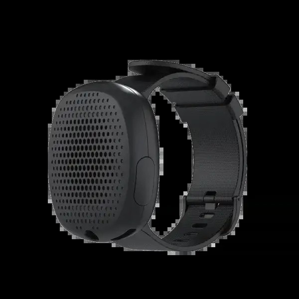 Black Silent Beacon Bluetooth panic button on a wristband worn like a bracelet