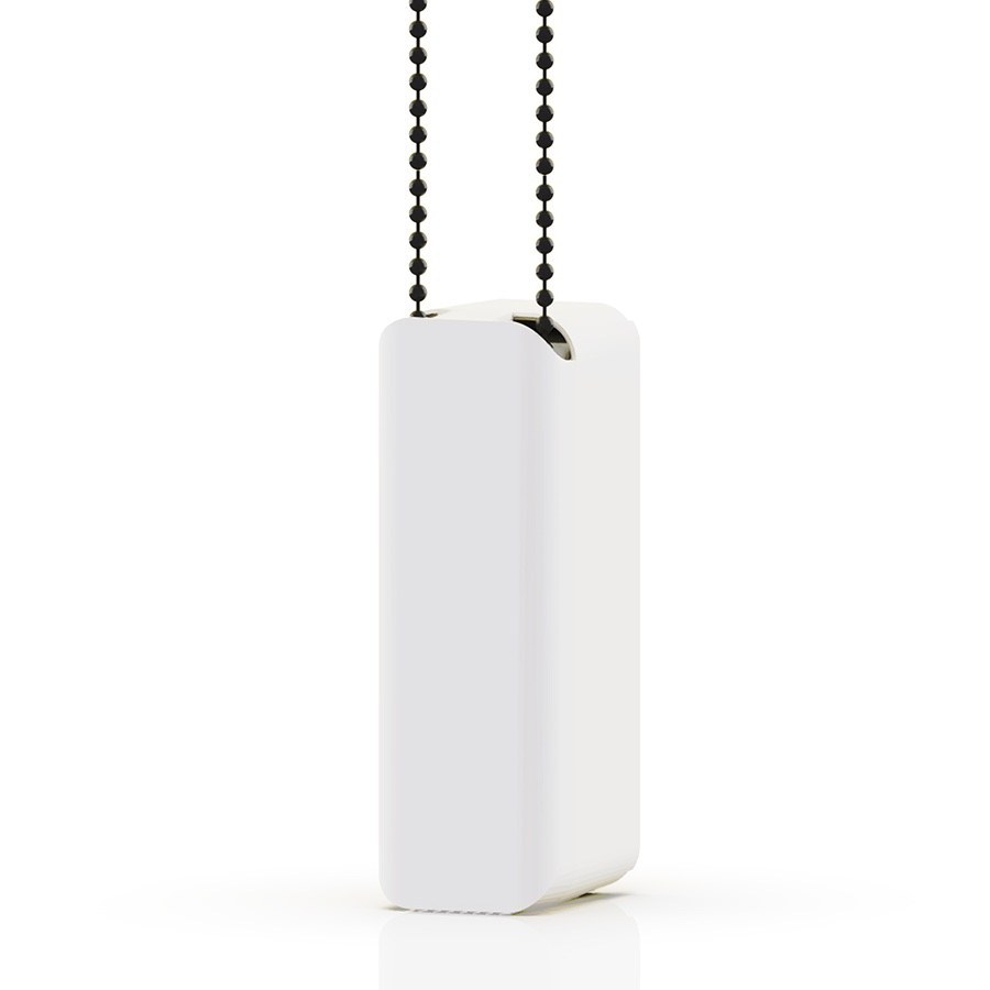 The white Soma Smart Shades 2 motor hanging on a beaded chain against a plain background