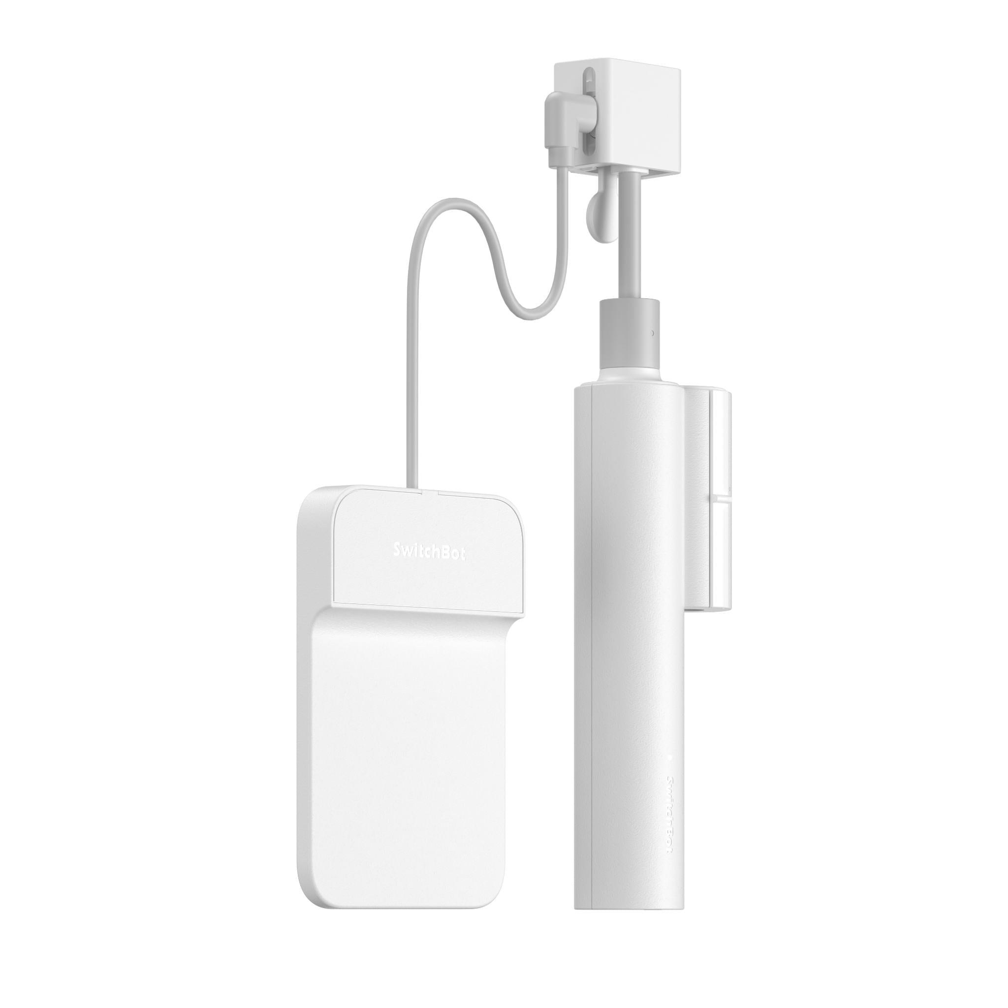 The white SwitchBot Blind Tilt motor and its solar panel accessory on a plain background