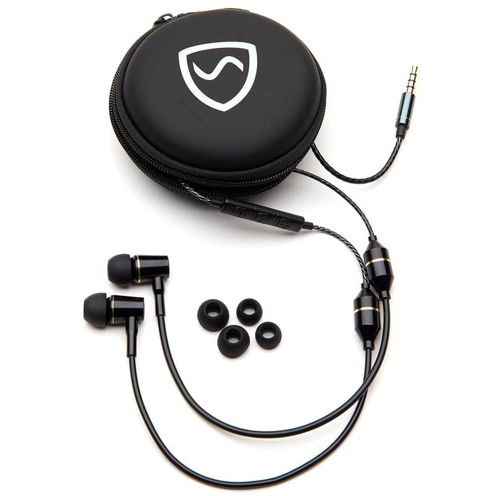 The SYB Shield Your Body air-tube headset with carrying case, spare ear tips and inline control on a white background