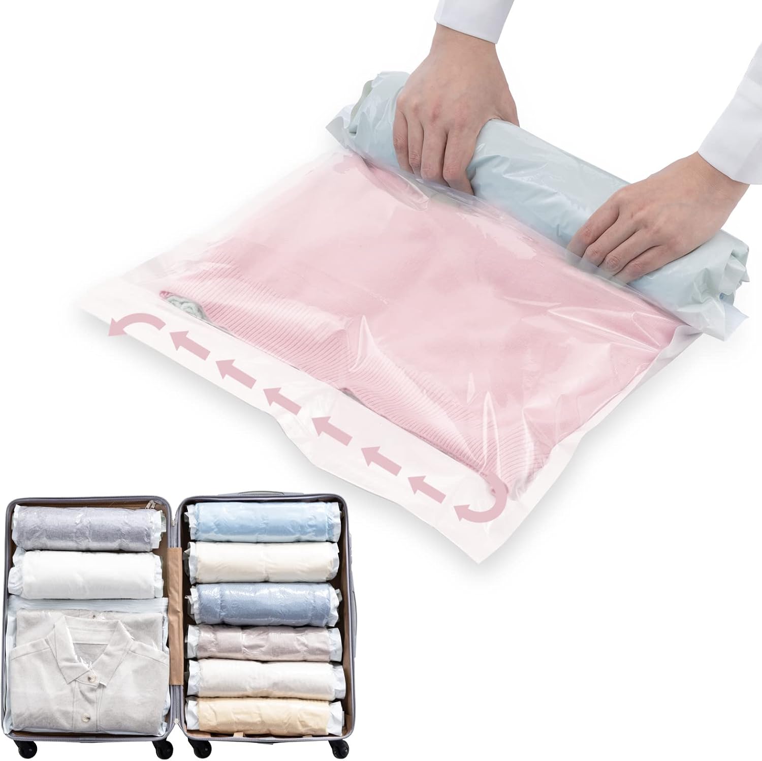 Hands rolling the air out of a TAILI travel compression bag, with a suitcase of compressed rolls below