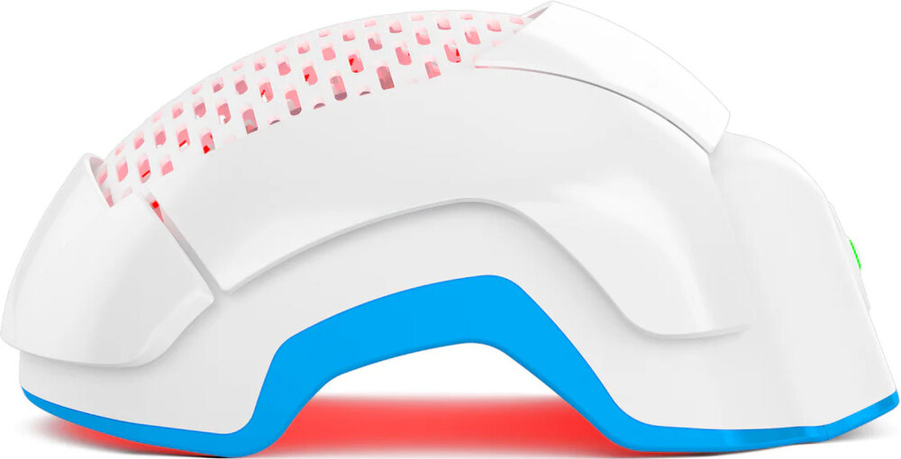 The Theradome PRO LH80 laser hair growth helmet in white showing its underside red lasers