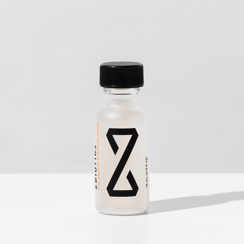 A single ZBiotics Pre-Alcohol Probiotic Drink 15ml bottle on a white surface