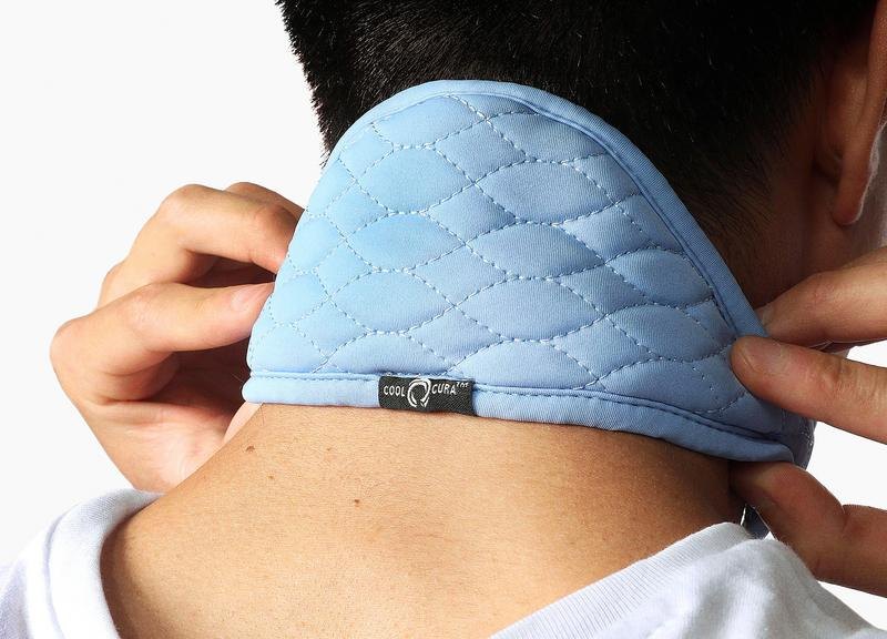 Person wearing the Cool Cura ice-therapy neckband at the base of the skull