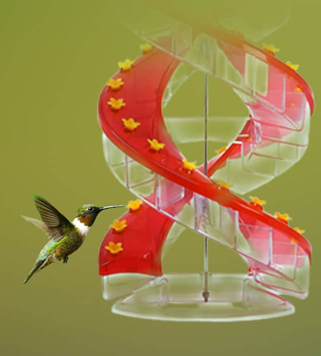 DNA Helix hummingbird feeder spiral with a hummingbird approaching the flower ports